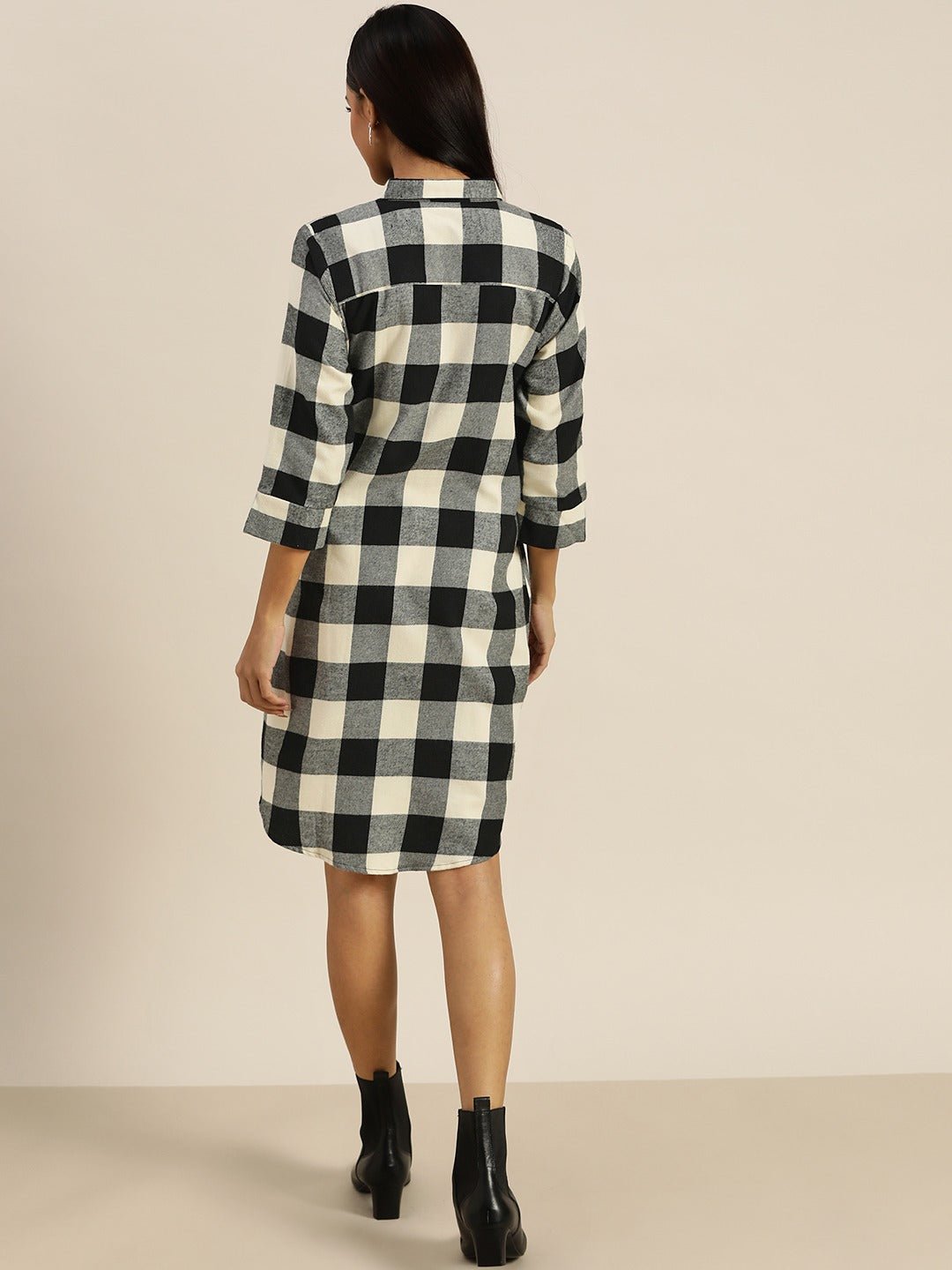 Women Black & Grey Checks Pure Cotton Regular Fit Button Down Shirt Dress - #folk republic#