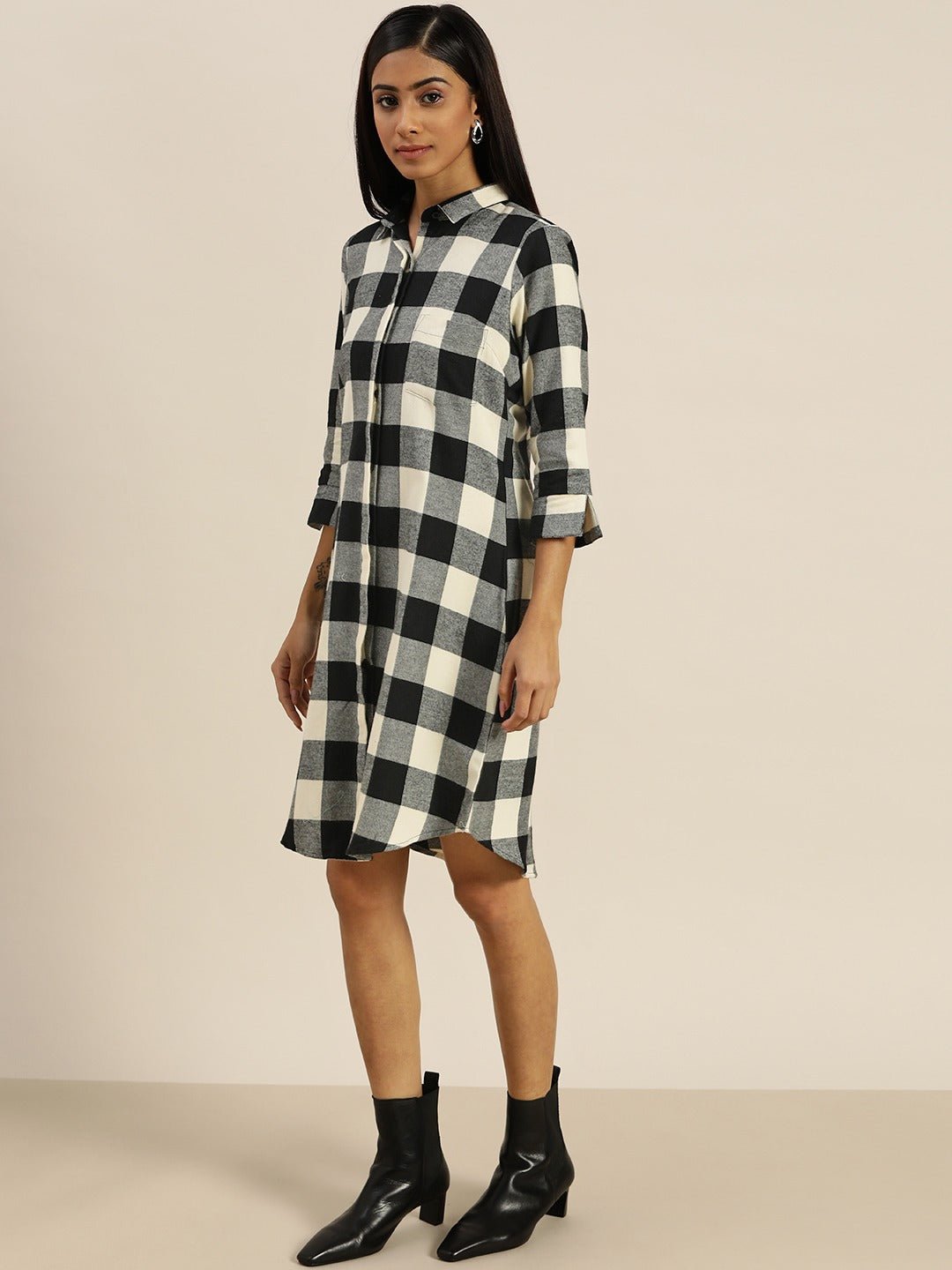 Women Black & Grey Checks Pure Cotton Regular Fit Button Down Shirt Dress - #folk republic#