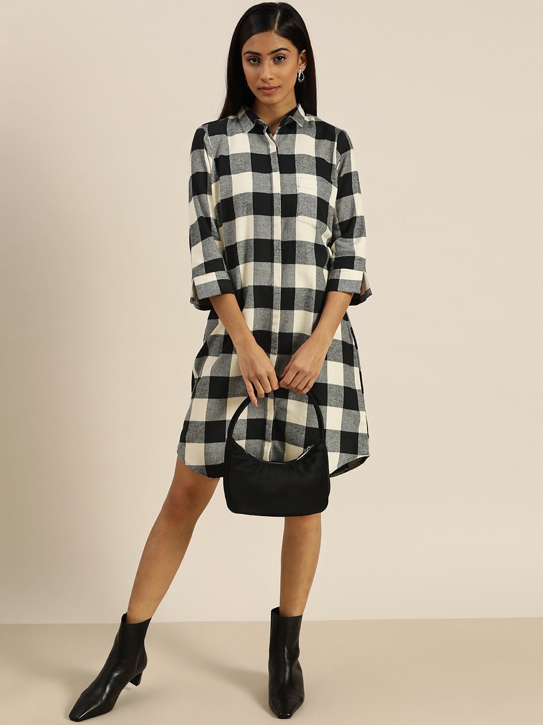 Women Black & Grey Checks Pure Cotton Regular Fit Button Down Shirt Dress - #folk republic#