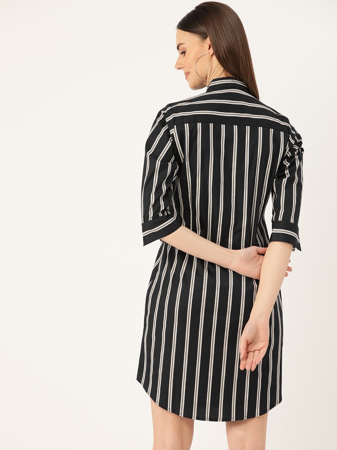 Women Black & Grey Stripes Pure Cotton Regular Fit Shirt Dress - #folk republic#