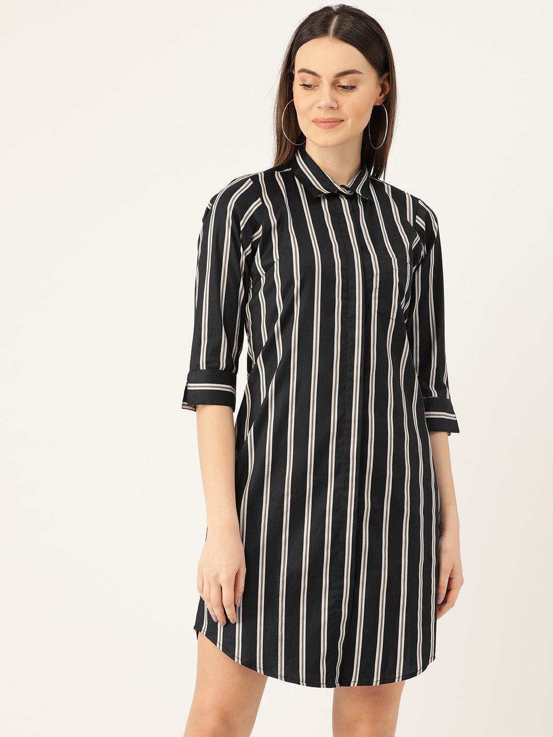 Women Black & Grey Stripes Pure Cotton Regular Fit Shirt Dress - #folk republic#