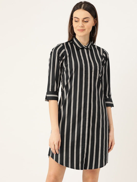 Women Black & Grey Stripes Pure Cotton Regular Fit Shirt Dress - #folk republic#