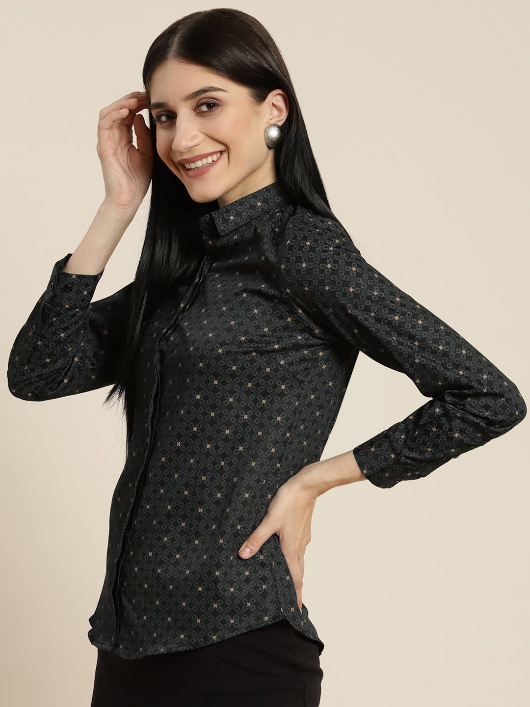 Women Black Printed Pure Cotton Slim Fit Formal Shirt - #folk republic#