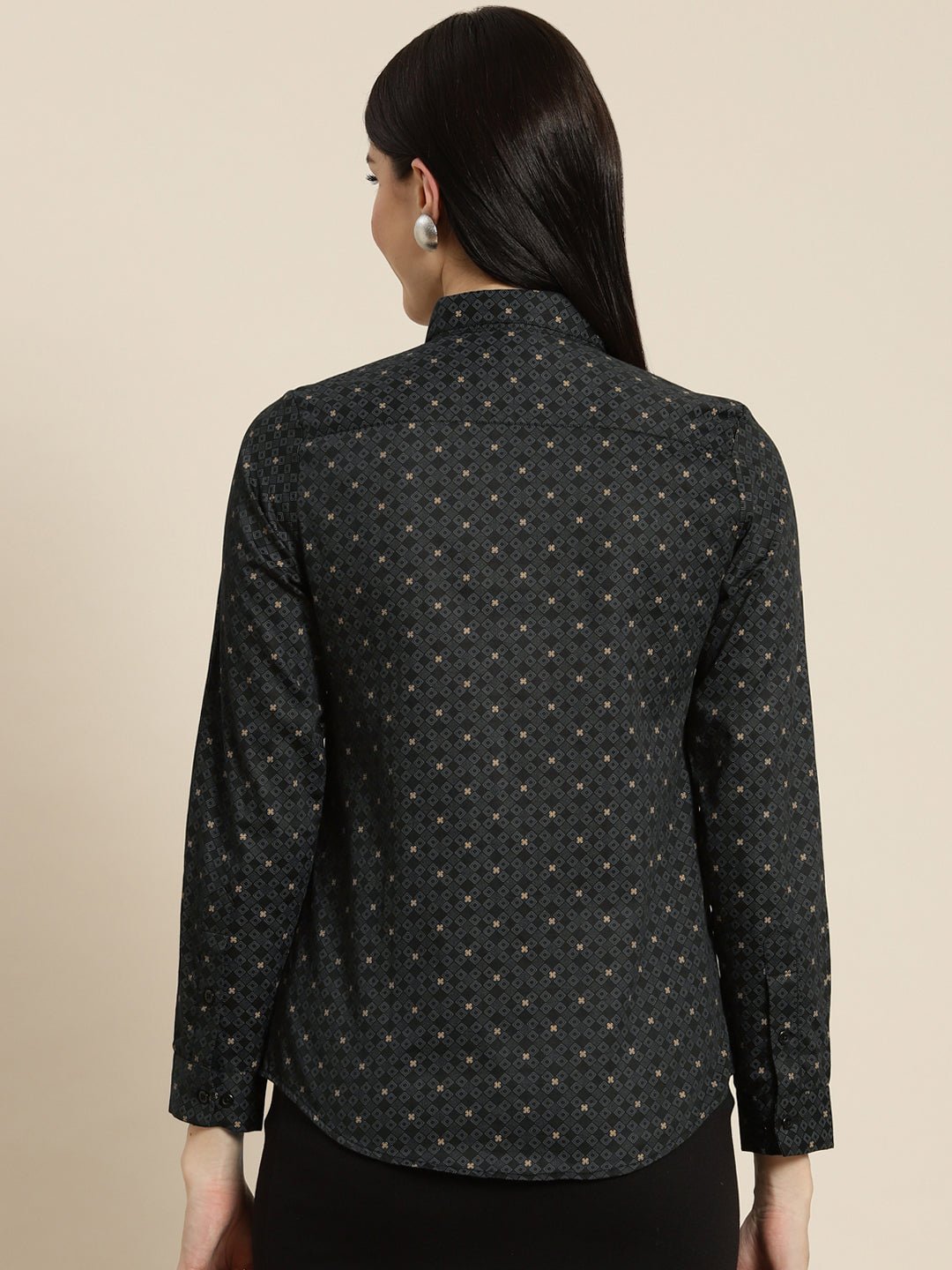 Women Black Printed Pure Cotton Slim Fit Formal Shirt - #folk republic#