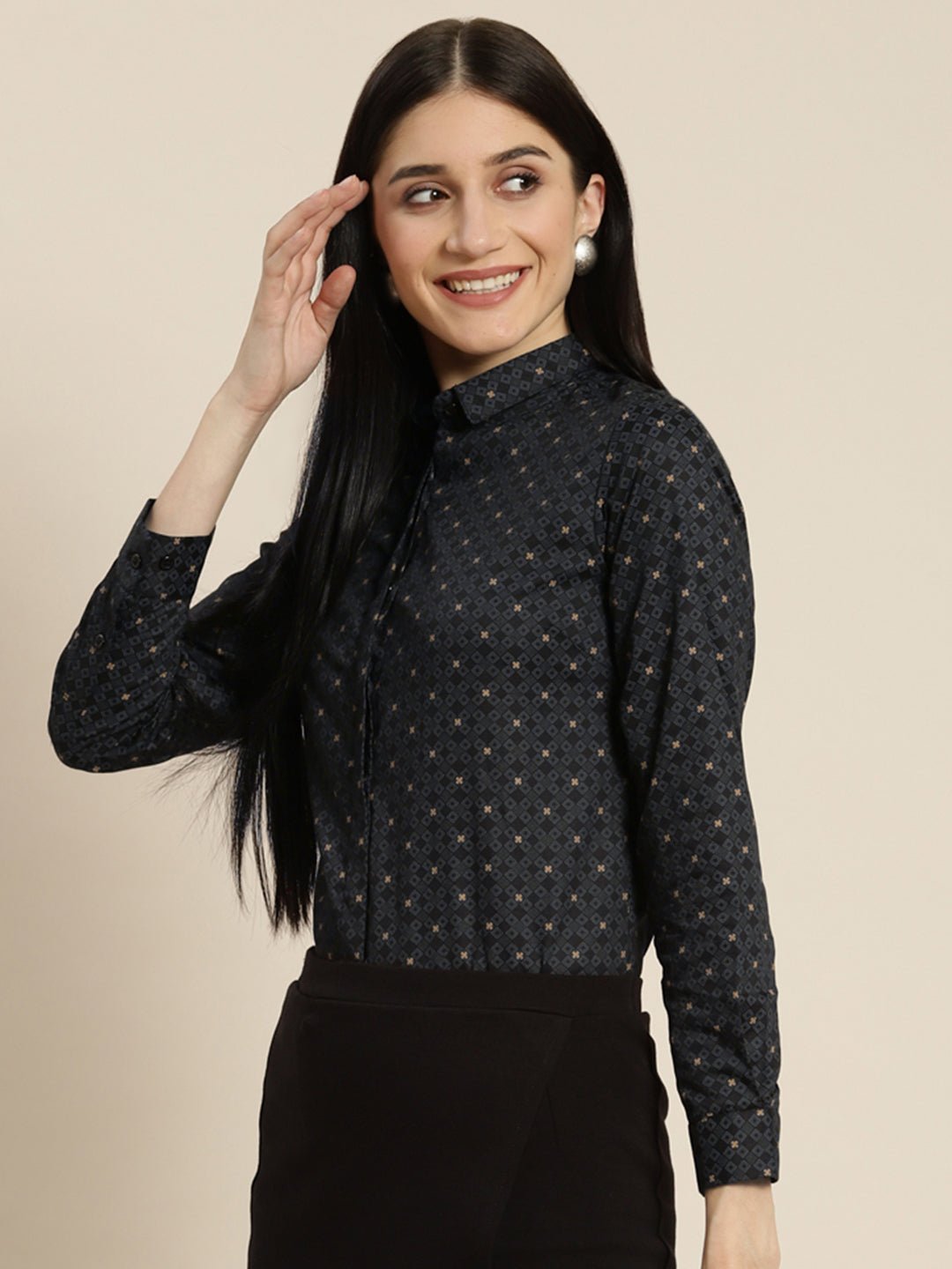 Women Black Printed Pure Cotton Slim Fit Formal Shirt - #folk republic#