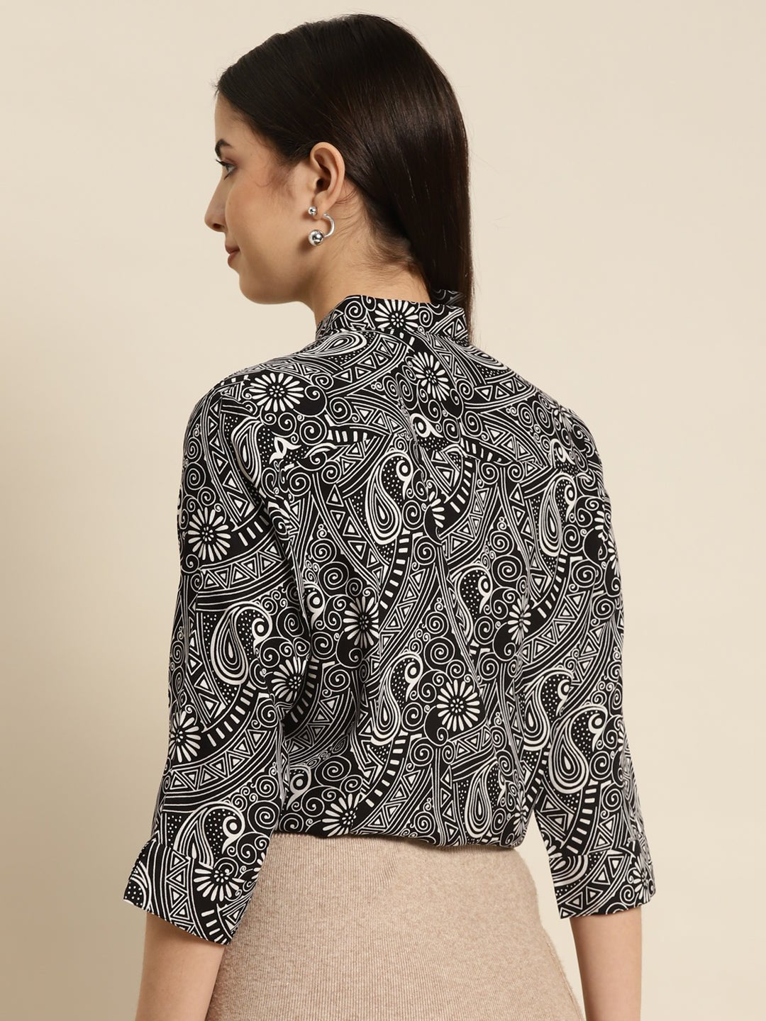 Women Black Printed Viscose Rayon Regular Fit Formal Shirt - #folk republic#