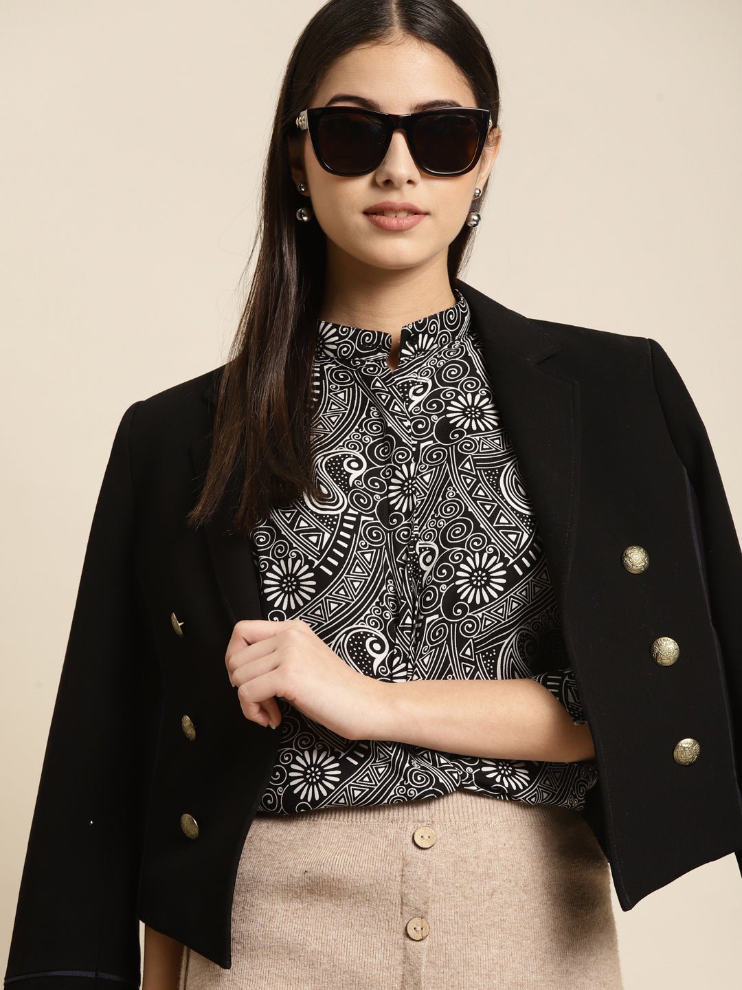 Women Black Printed Viscose Rayon Regular Fit Formal Shirt - #folk republic#