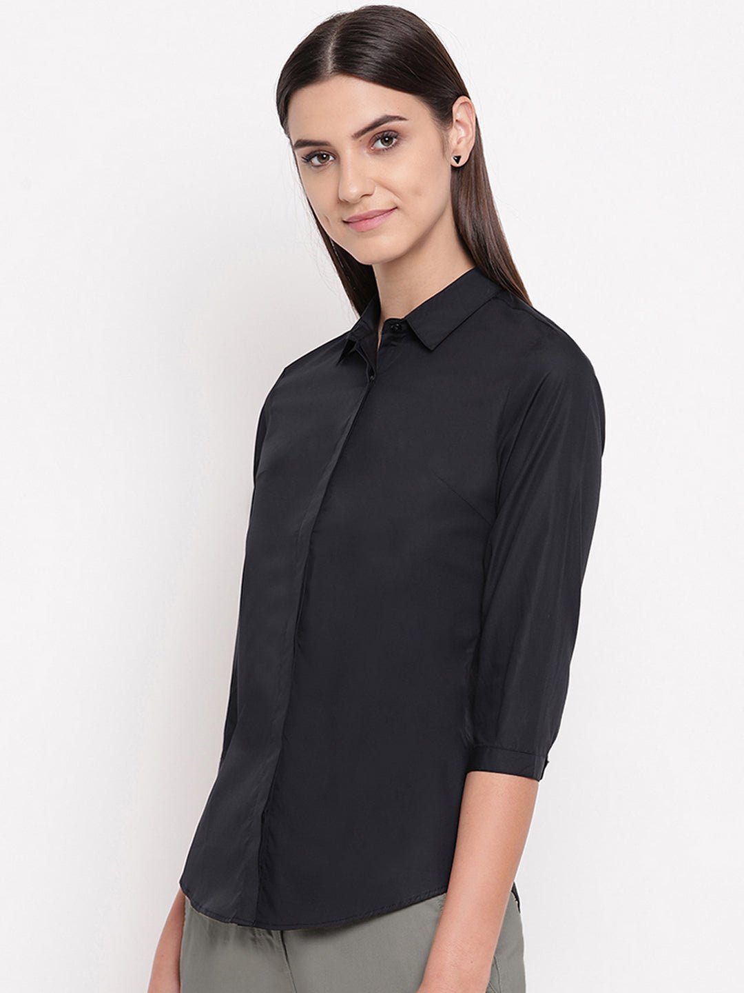 Women Black Pure Cotton Solid Slim Fit Formal Shirt - #folk republic#