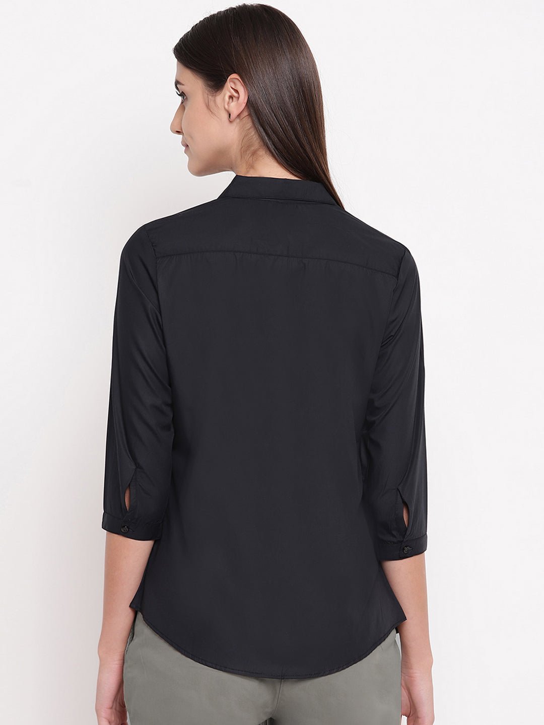 Women Black Pure Cotton Solid Slim Fit Formal Shirt - #folk republic#