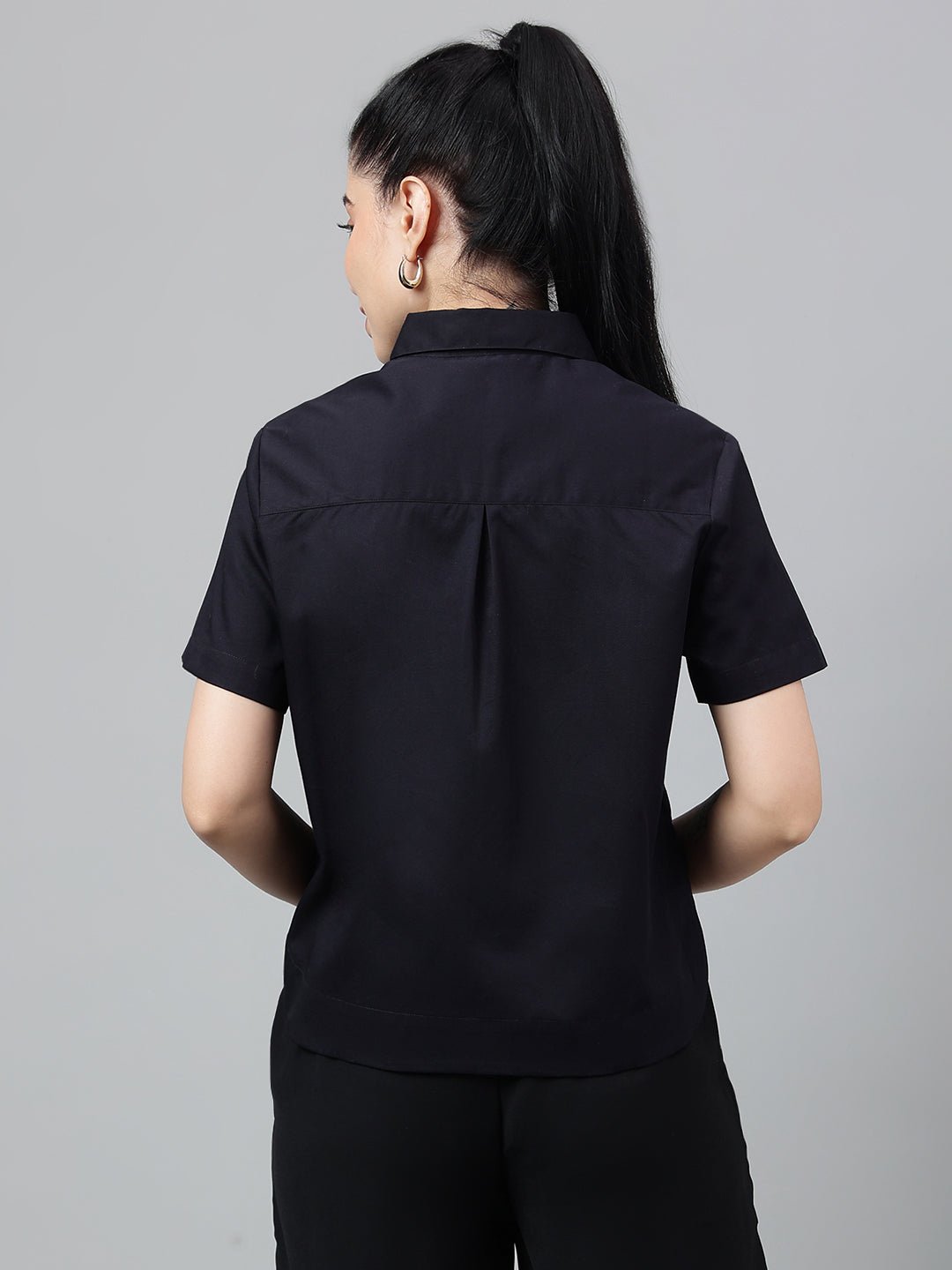 Women Black Solid Pure Cotton Regular Fit Formal Crop Shirt - #folk republic#