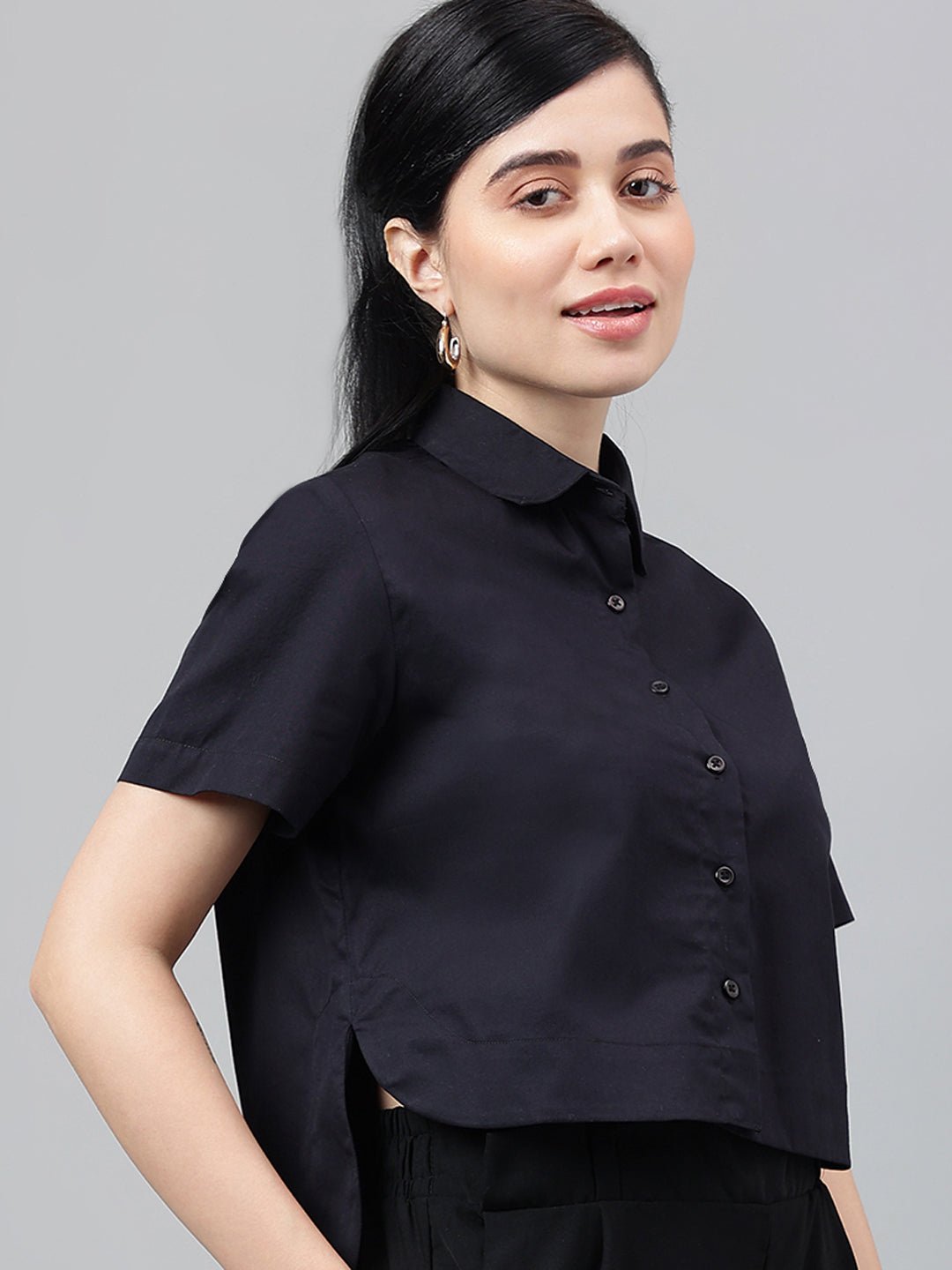 Women Black Solid Pure Cotton Regular Fit Formal Crop Shirt - #folk republic#