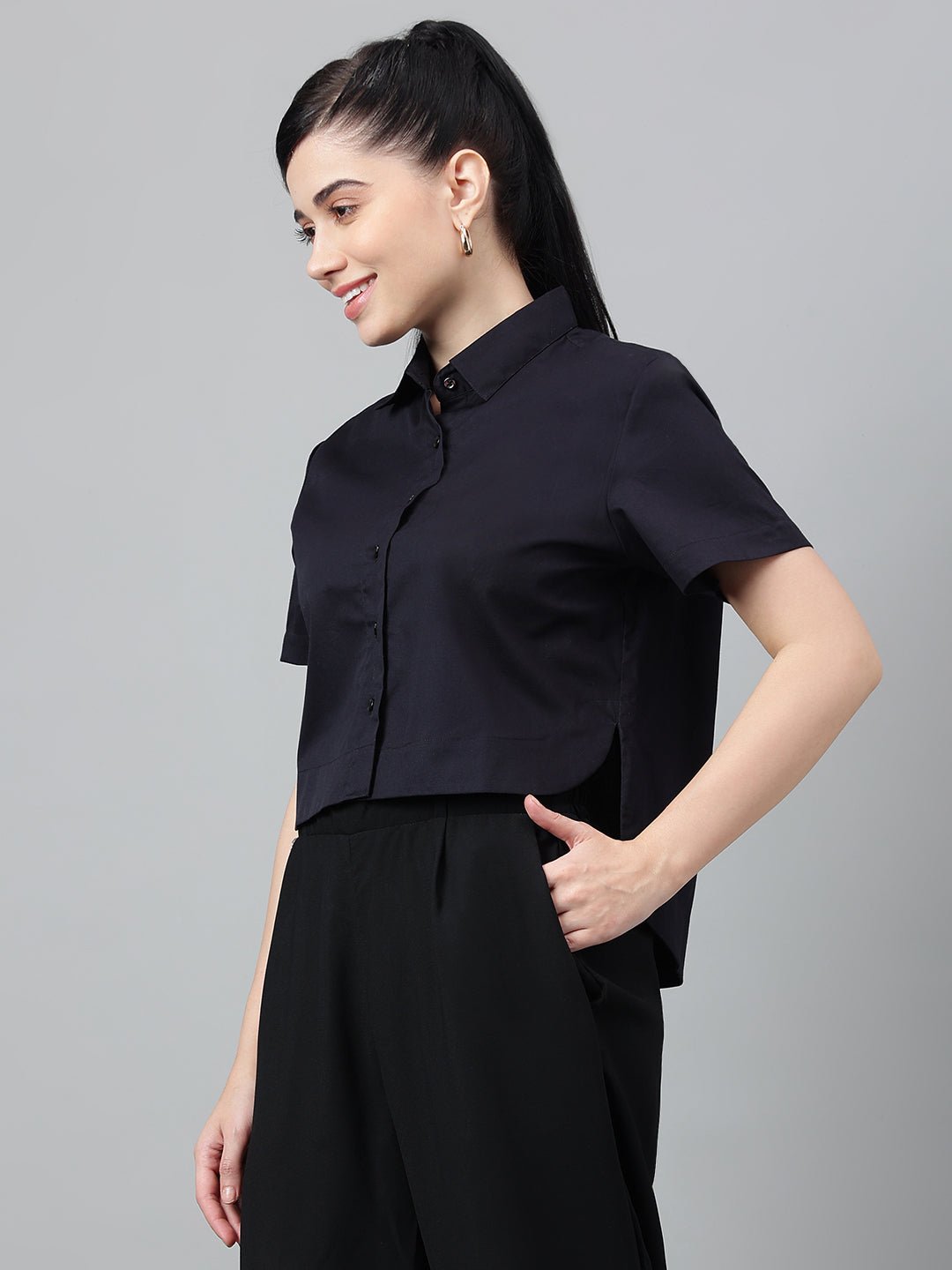 Women Black Solid Pure Cotton Regular Fit Formal Crop Shirt - #folk republic#