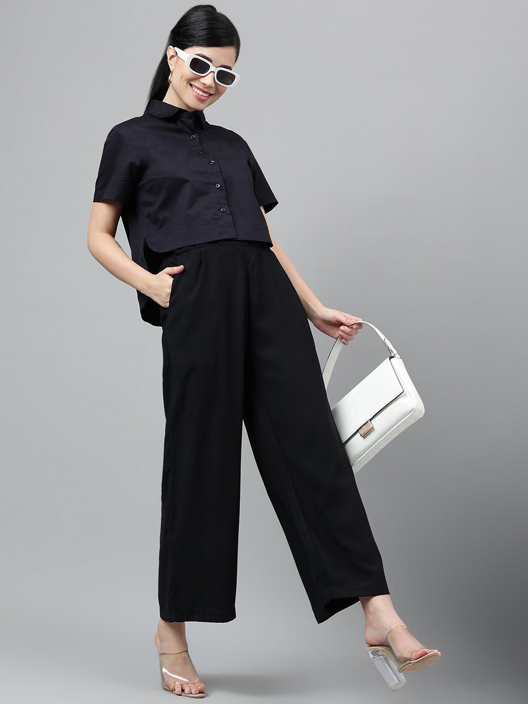 Women Black Solid Pure Cotton Regular Fit Formal Crop Shirt - #folk republic#