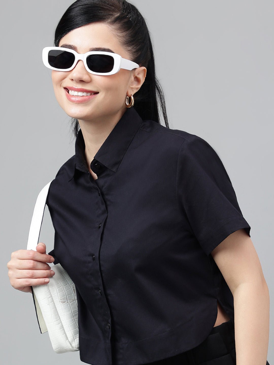 Women Black Solid Pure Cotton Regular Fit Formal Crop Shirt - #folk republic#