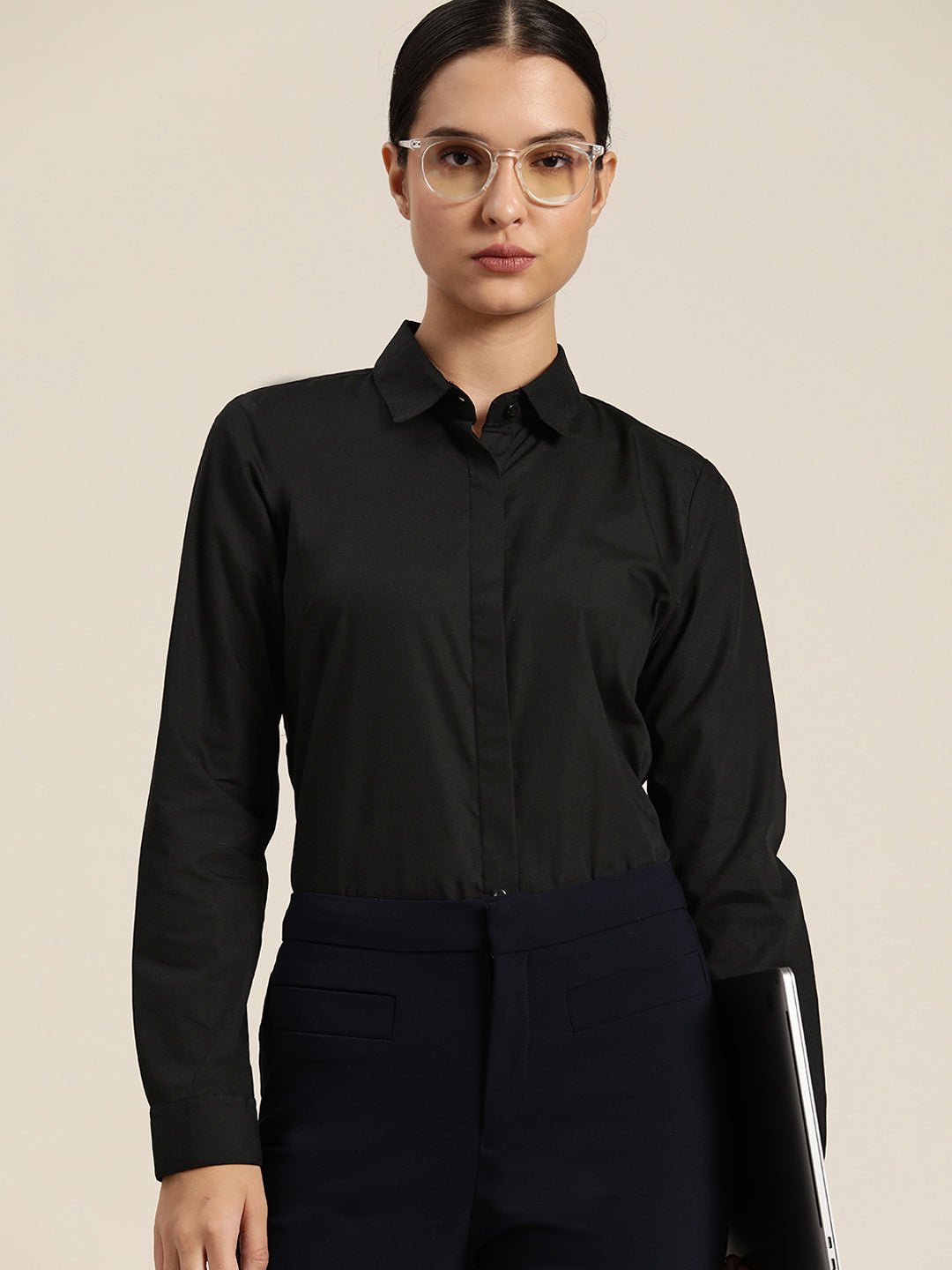 Women Black Solid Pure Cotton Regular Fit Formal Shirt - #folk republic#