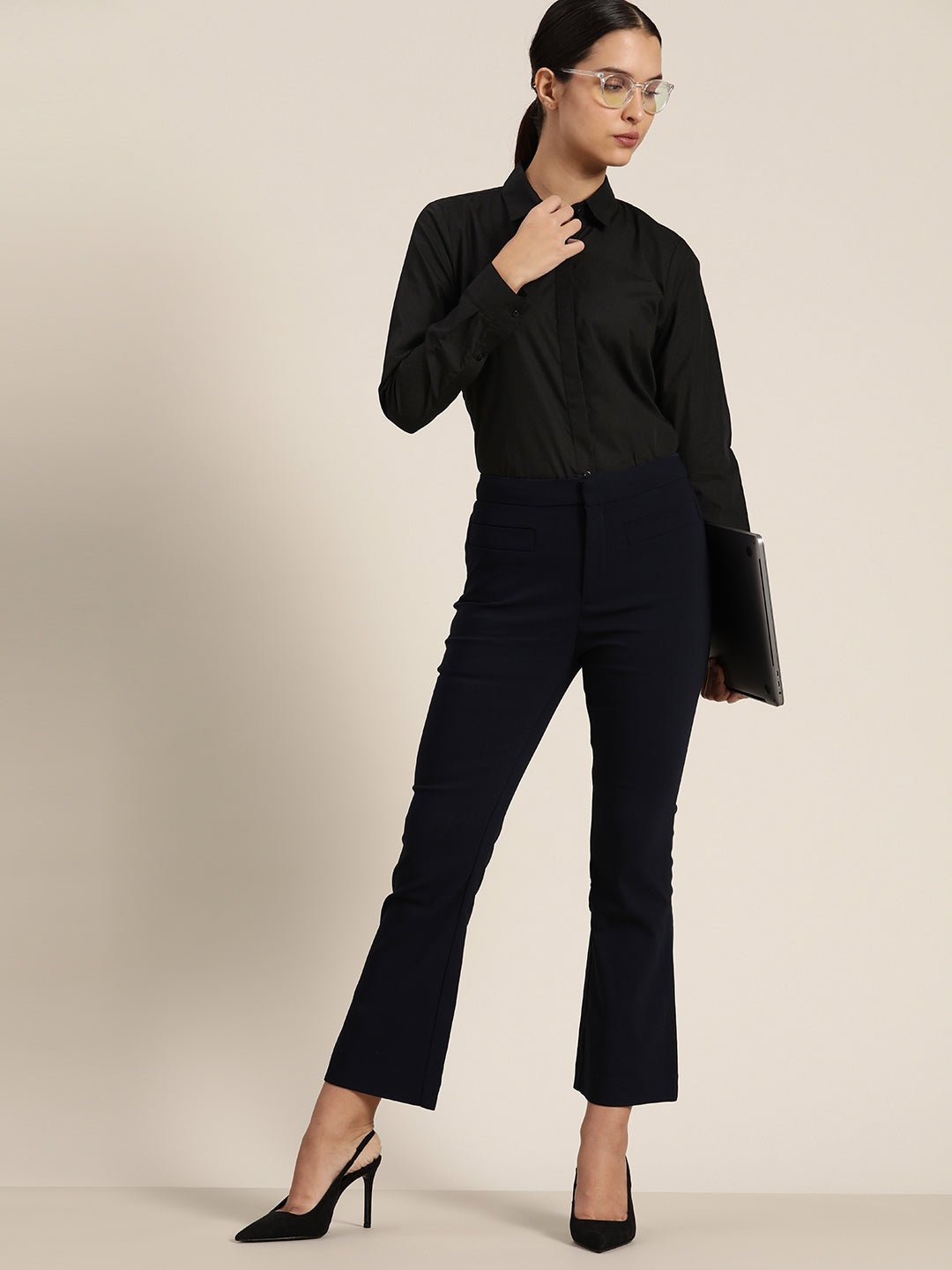 Women Black Solid Pure Cotton Regular Fit Formal Shirt - #folk republic#