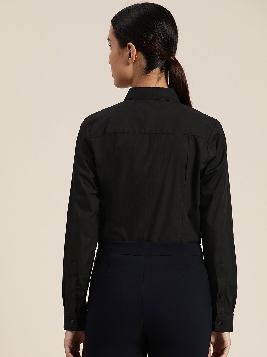 Women Black Solid Pure Cotton Regular Fit Formal Shirt - #folk republic#