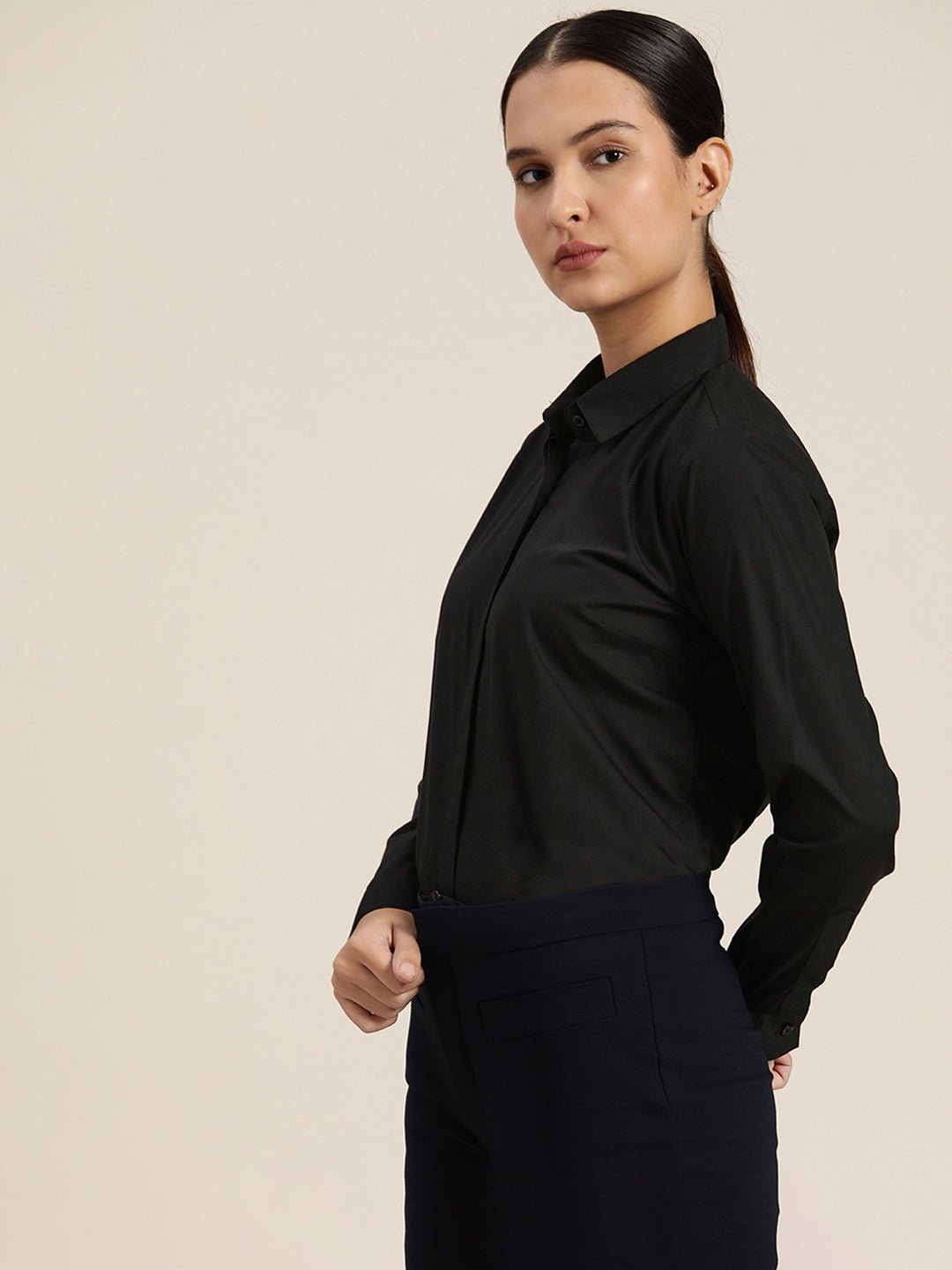 Women Black Solid Pure Cotton Regular Fit Formal Shirt - #folk republic#