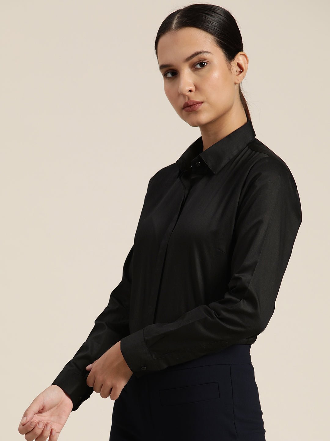Women Black Solid Pure Cotton Satin Regular Fit Formal Shirt - #folk republic#