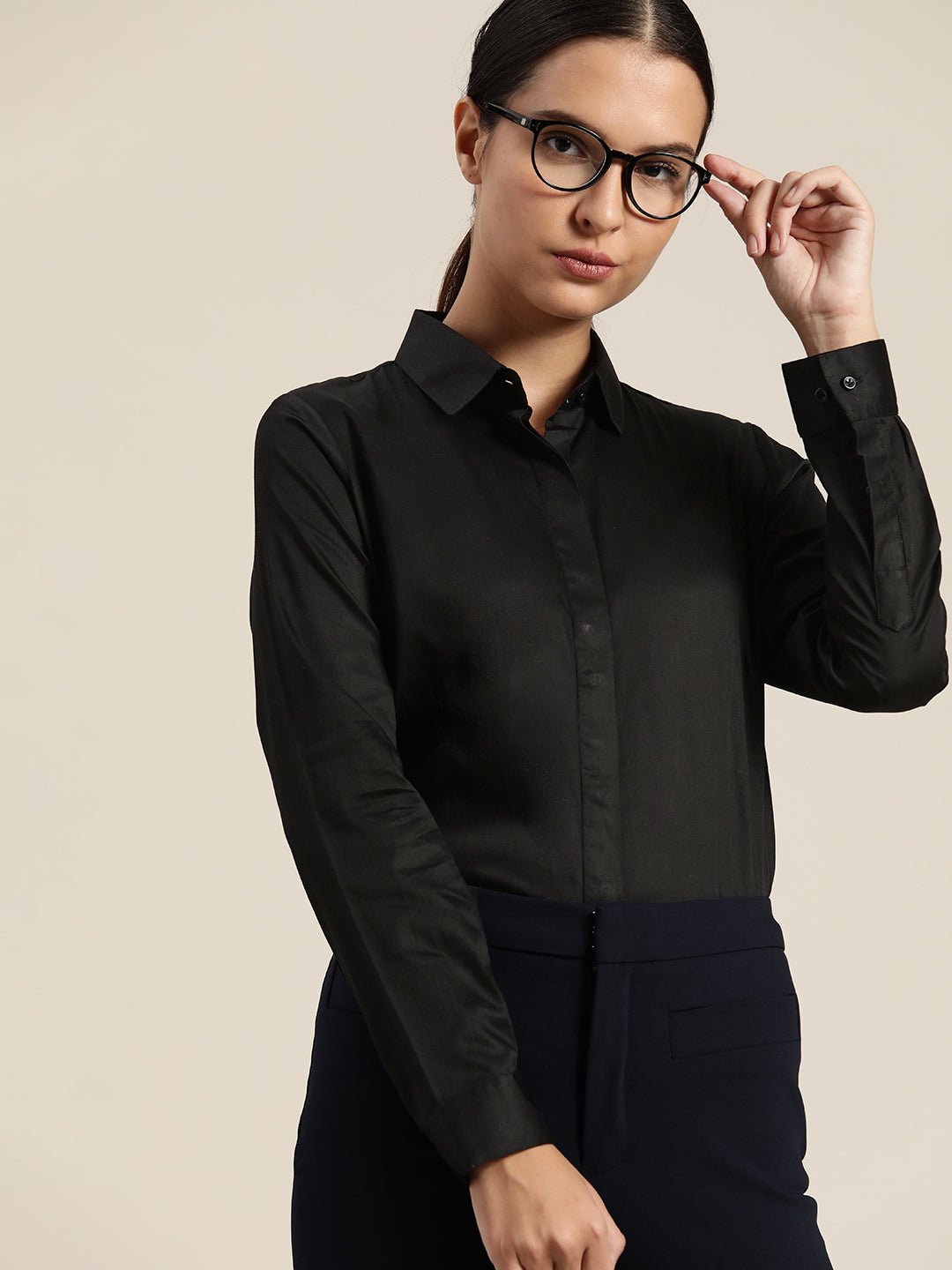 Women Black Solid Pure Cotton Satin Regular Fit Formal Shirt - #folk republic#