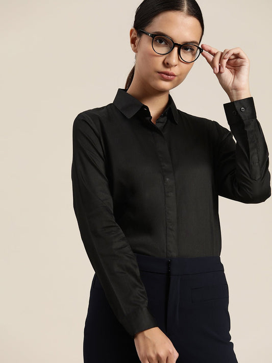 Women Black Solid Pure Cotton Satin Regular Fit Formal Shirt - #folk republic#