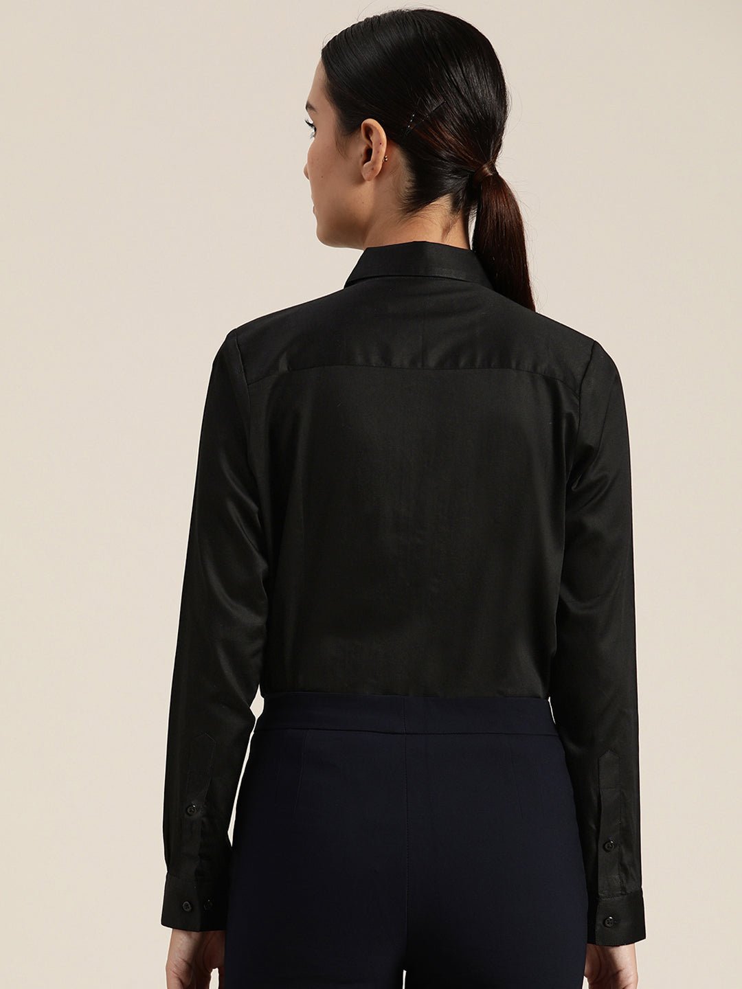 Women Black Solid Pure Cotton Satin Regular Fit Formal Shirt - #folk republic#