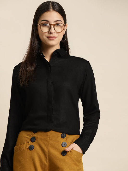 Women Black Solid Viscose Rayon Regular Fit Formal Shirt - #folk republic#