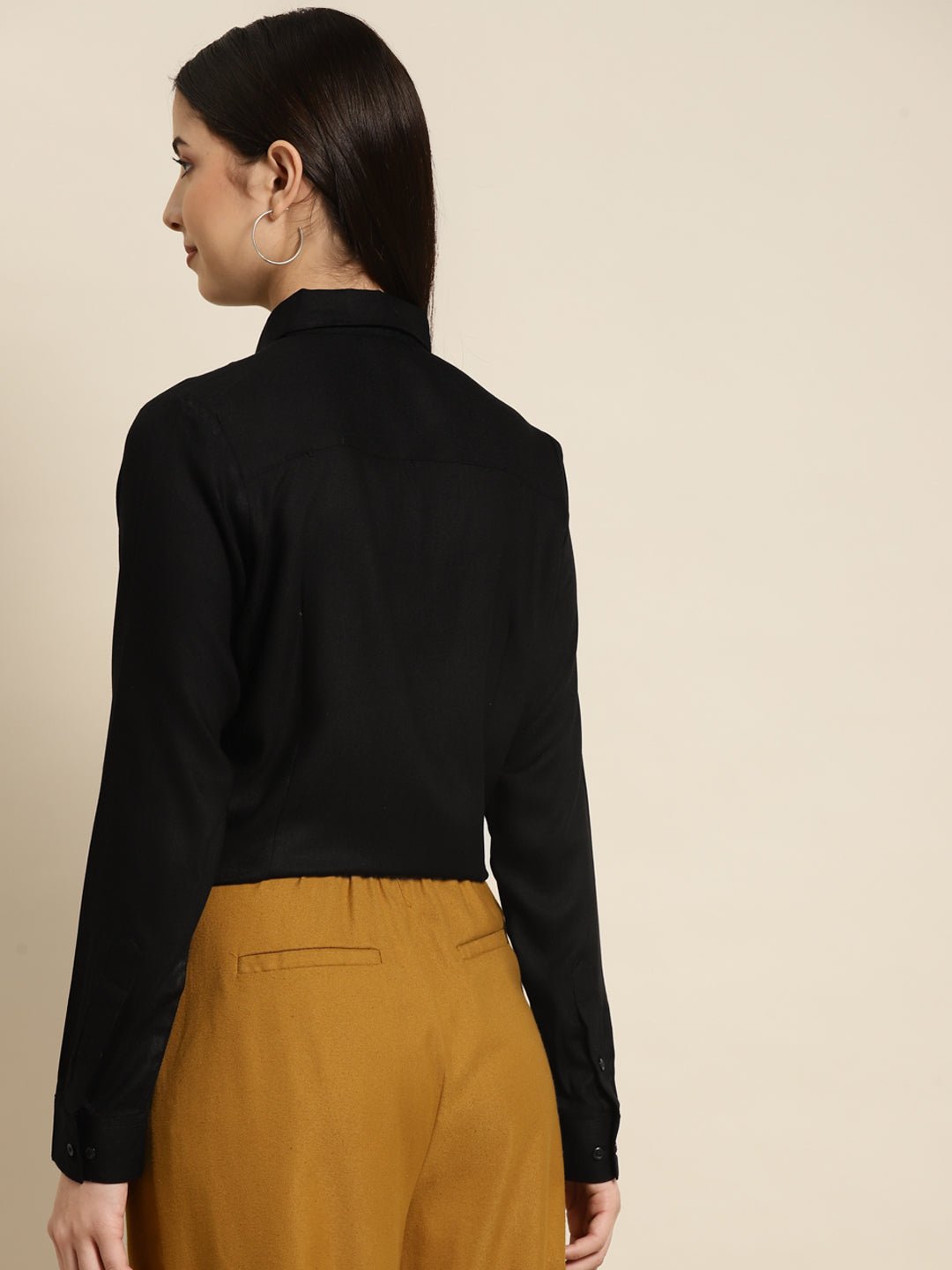 Women Black Solid Viscose Rayon Regular Fit Formal Shirt - #folk republic#