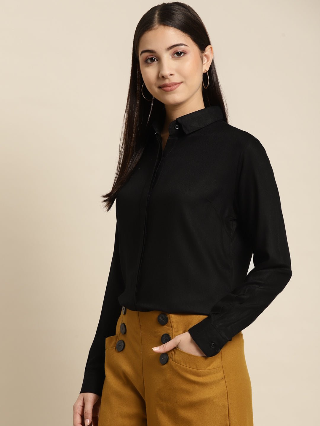 Women Black Solid Viscose Rayon Regular Fit Formal Shirt - #folk republic#