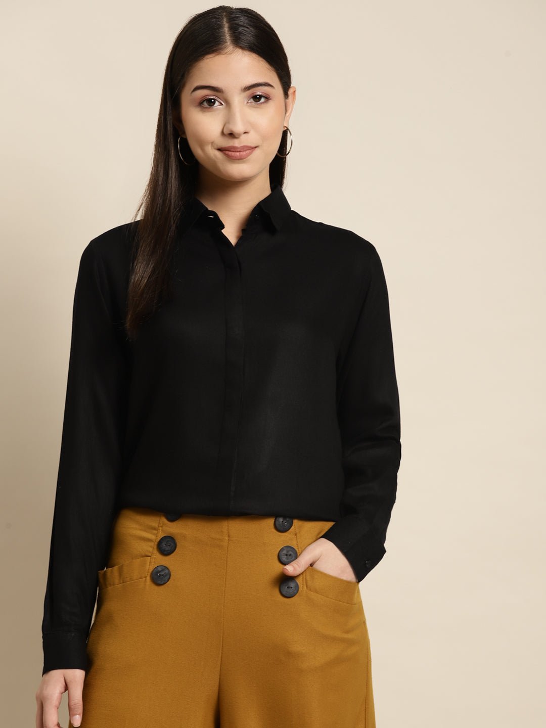Women Black Solid Viscose Rayon Regular Fit Formal Shirt - #folk republic#