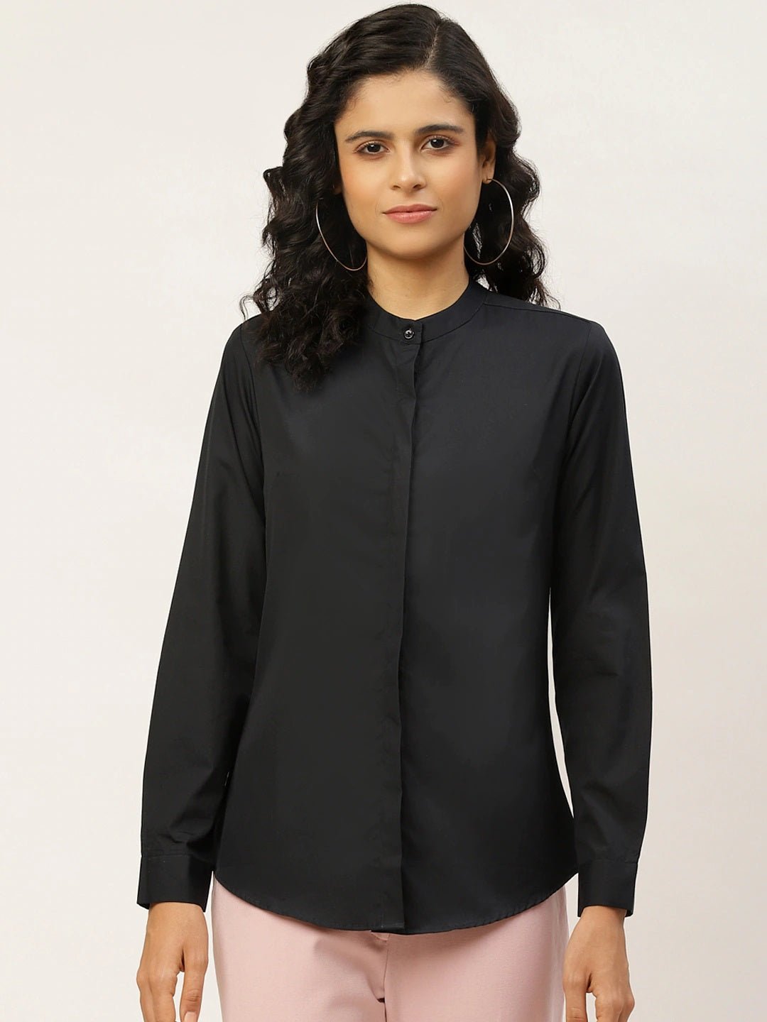 Women Black Solids Pure Cotton Slim Fit Formal Shirt - #folk republic#
