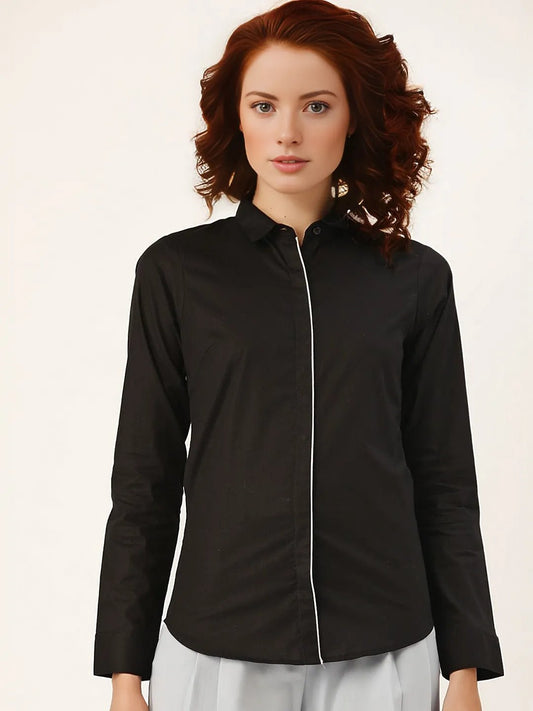 Women Black Solids Pure Cotton Slim Fit Formal Shirt - #folk republic#