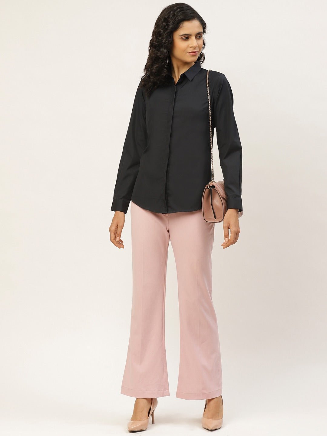 Women Black Solids Pure Cotton Slim Fit Formal Shirt - #folk republic#