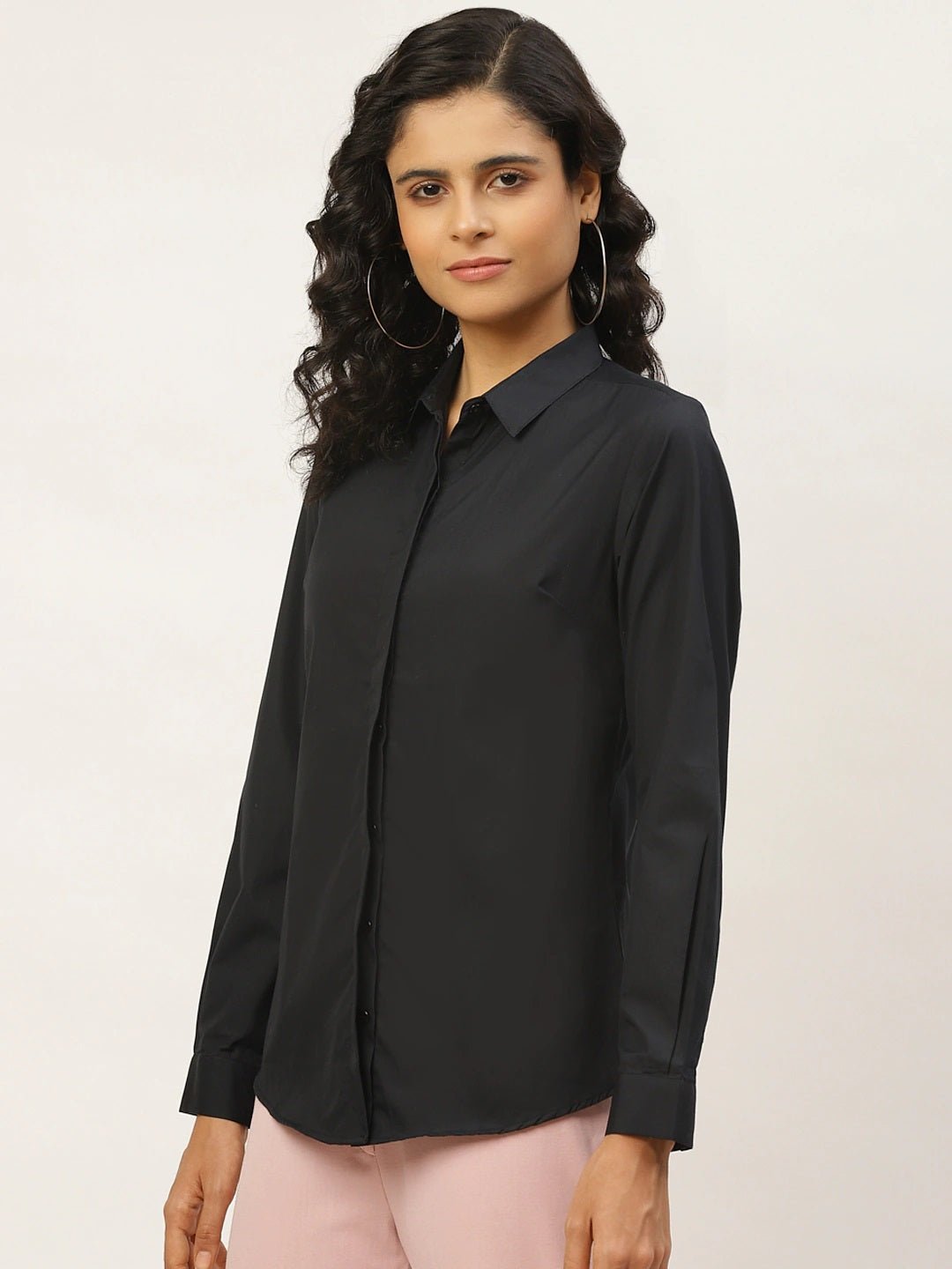 Women Black Solids Pure Cotton Slim Fit Formal Shirt - #folk republic#