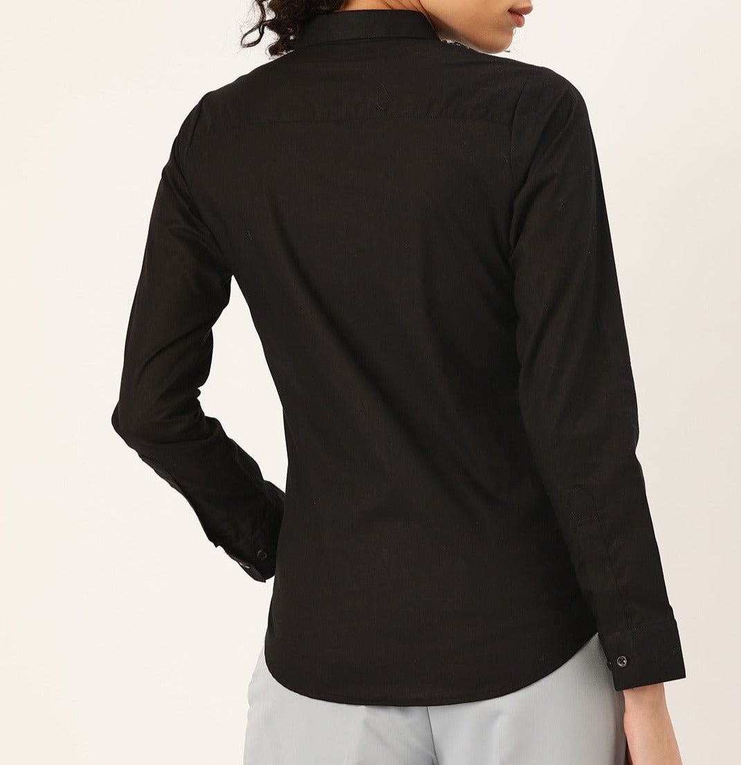 Women Black Solids Pure Cotton Slim Fit Formal Shirt - #folk republic#