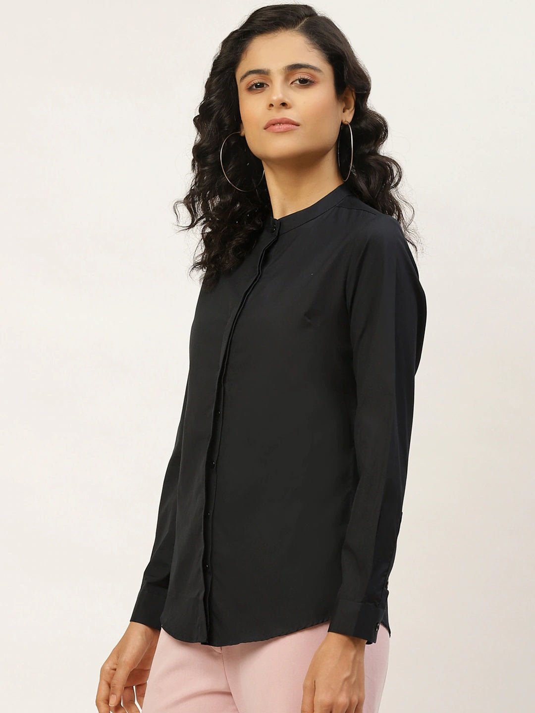 Women Black Solids Pure Cotton Slim Fit Formal Shirt - #folk republic#