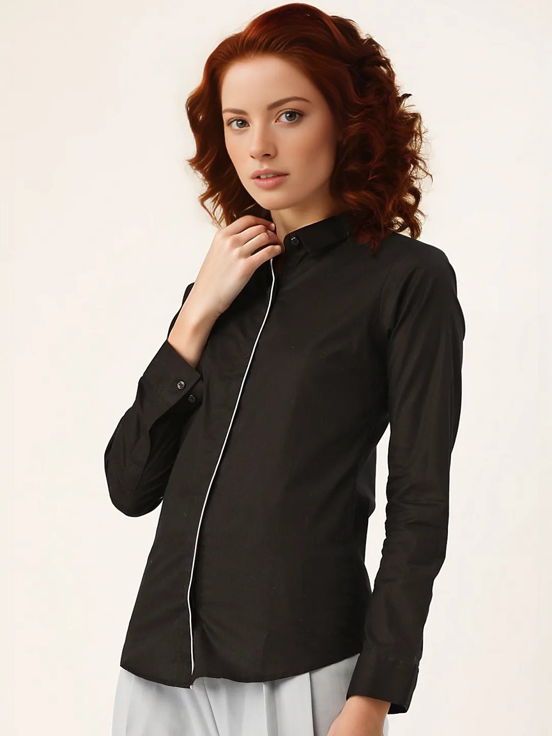 Women Black Solids Pure Cotton Slim Fit Formal Shirt - #folk republic#