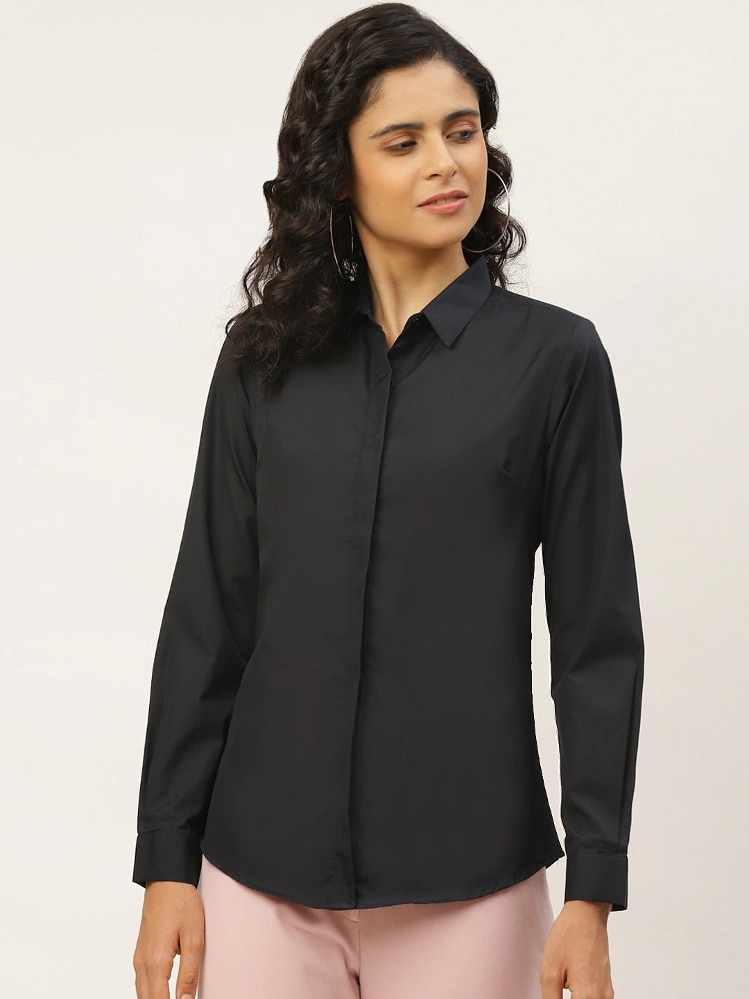 Women Black Solids Pure Cotton Slim Fit Formal Shirt - #folk republic#