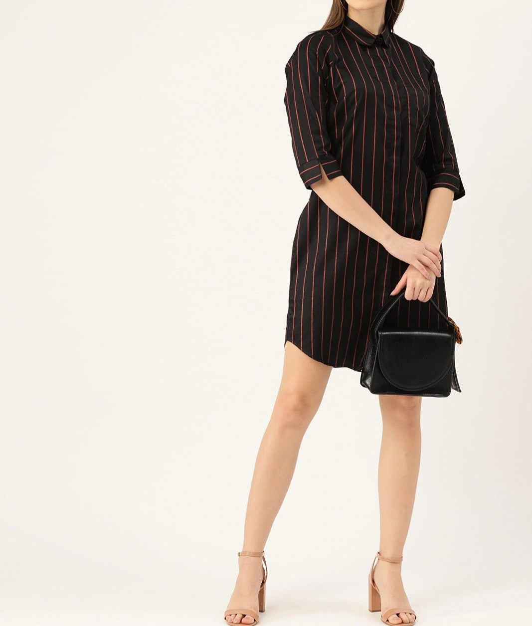 Women Black Stripes Pure Cotton Regular Fit Shirt Dress - #folk republic#