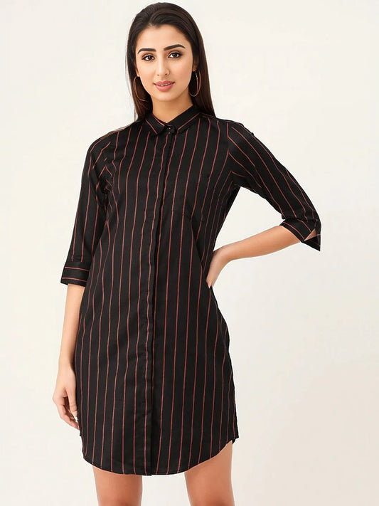Women Black Stripes Pure Cotton Regular Fit Shirt Dress - #folk republic#