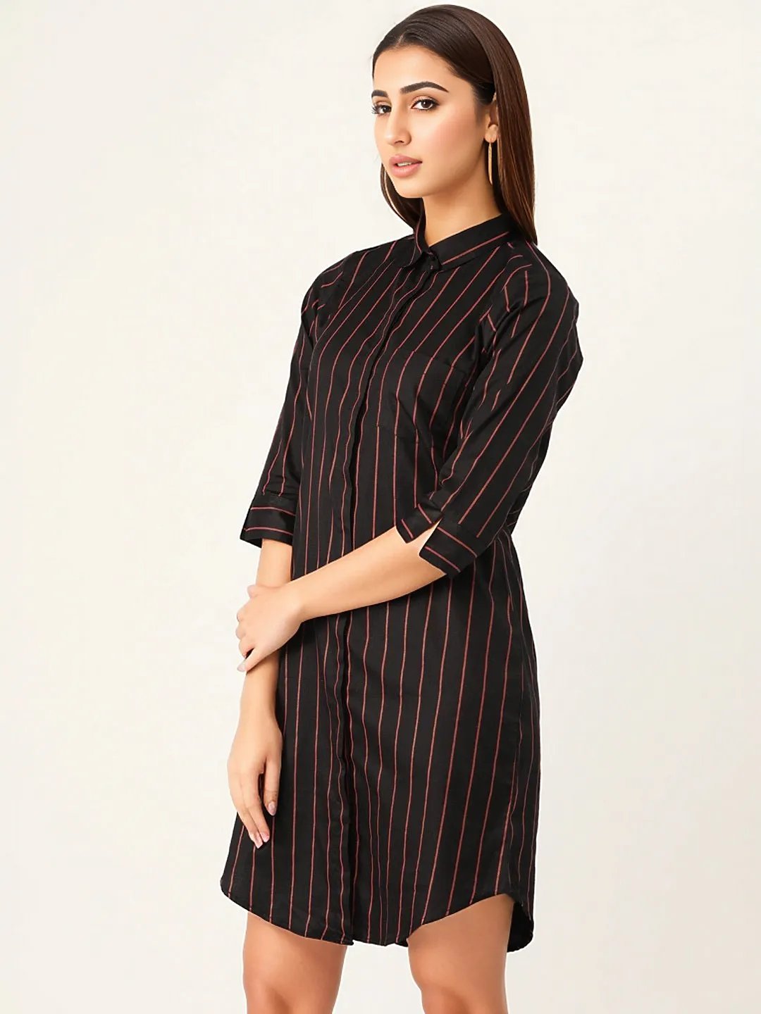Women Black Stripes Pure Cotton Regular Fit Shirt Dress - #folk republic#