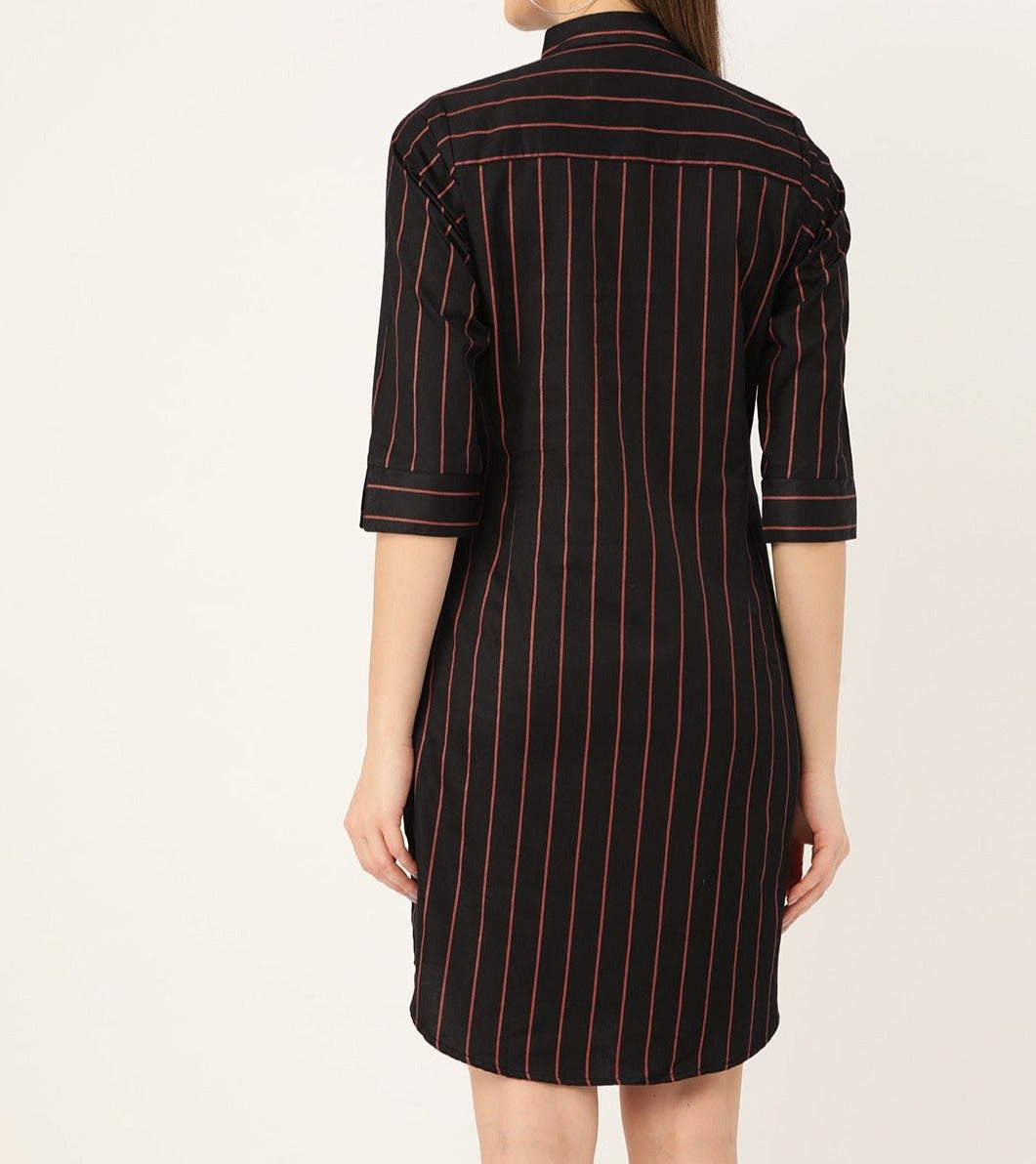 Women Black Stripes Pure Cotton Regular Fit Shirt Dress - #folk republic#