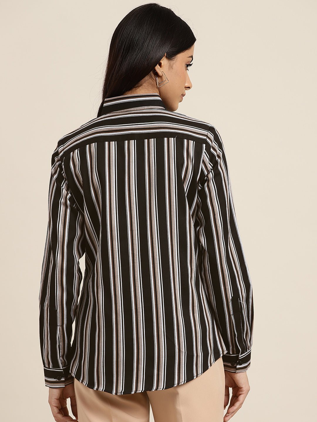 Women Black Stripes Pure Cotton Slim Fit Formal Shirt - #folk republic#