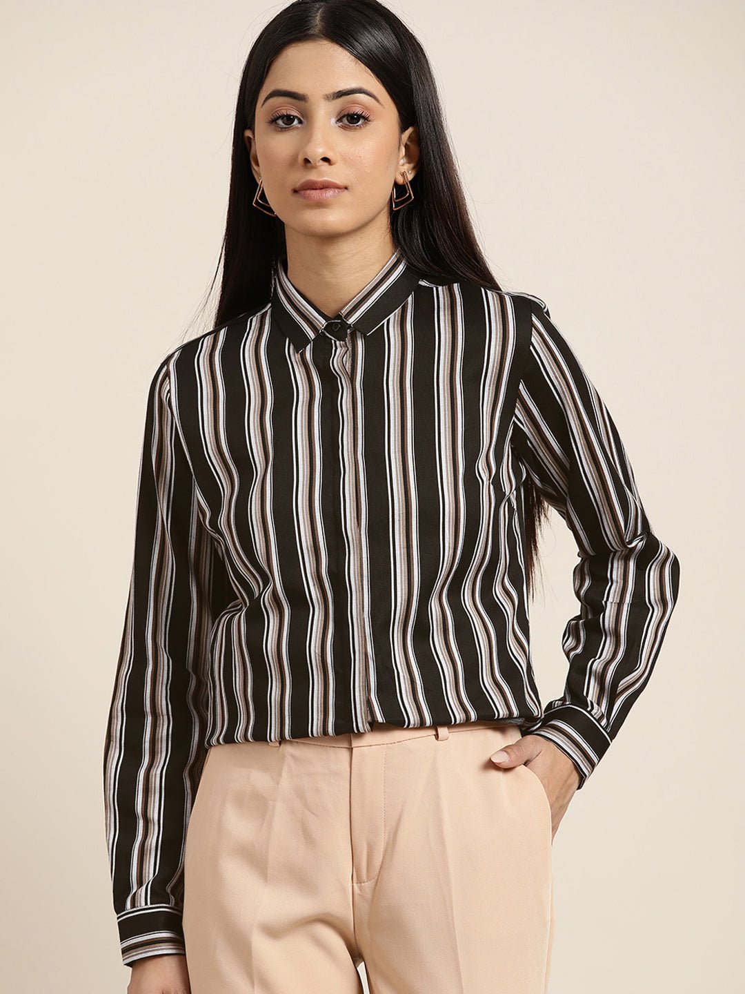Women Black Stripes Pure Cotton Slim Fit Formal Shirt - #folk republic#