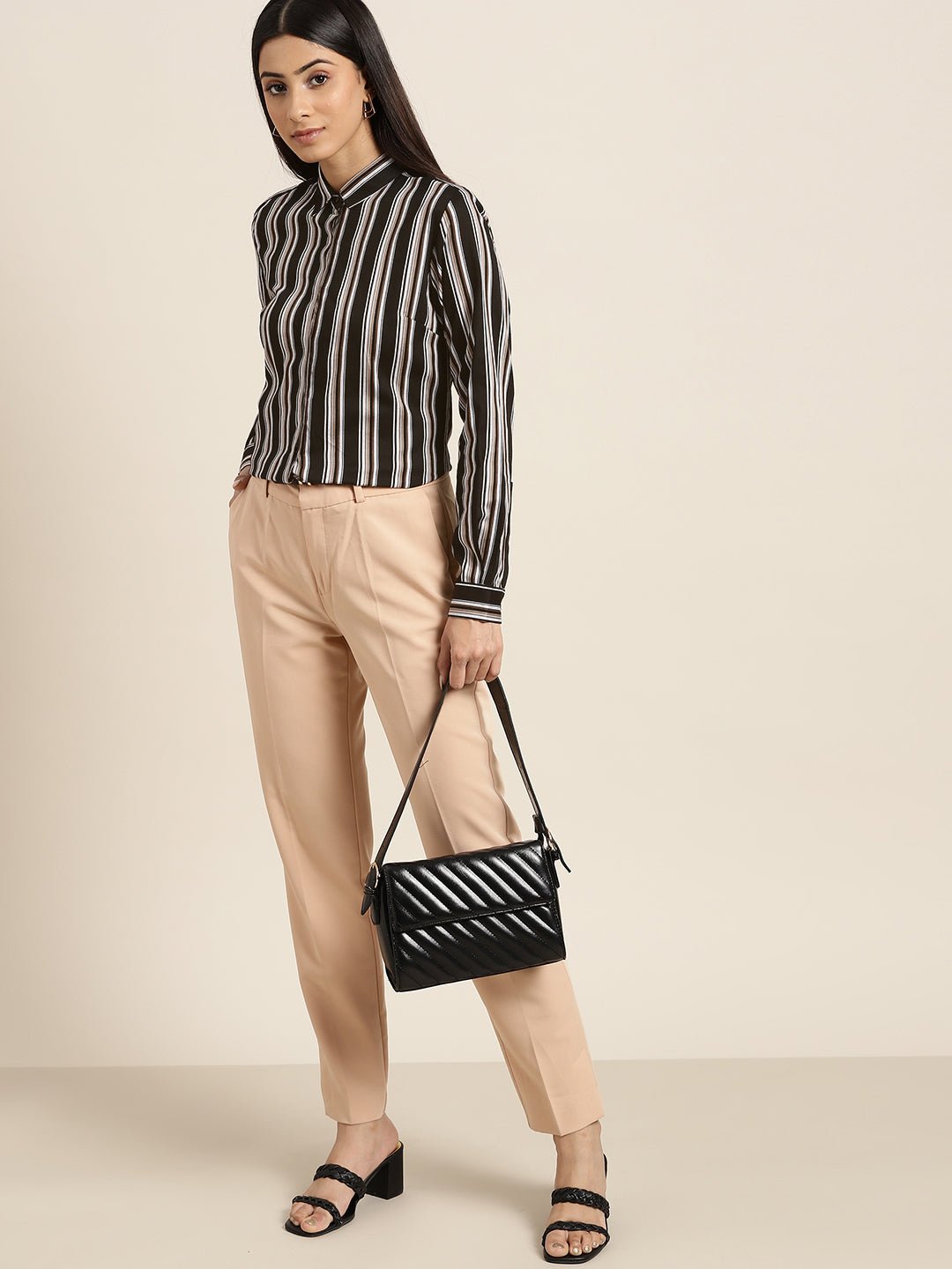 Women Black Stripes Pure Cotton Slim Fit Formal Shirt - #folk republic#