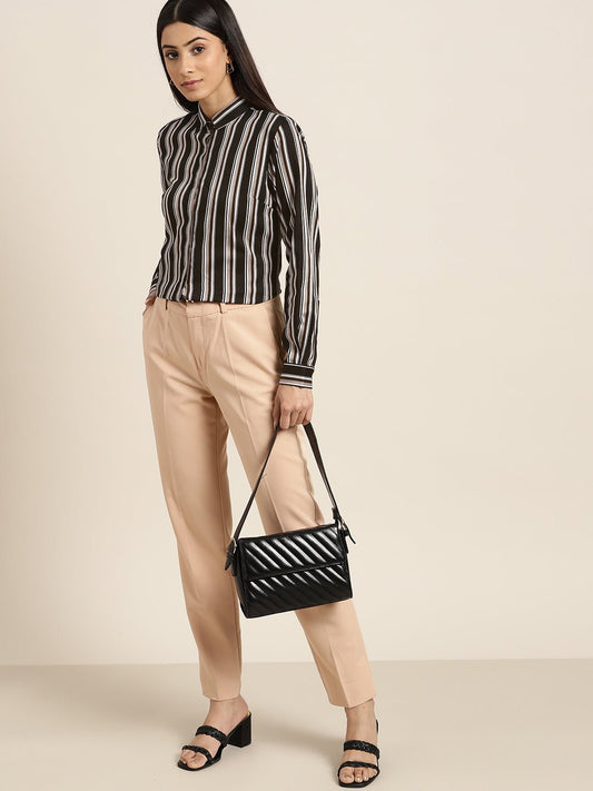 Women Black Stripes Pure Cotton Slim Fit Formal Shirt - #folk republic#