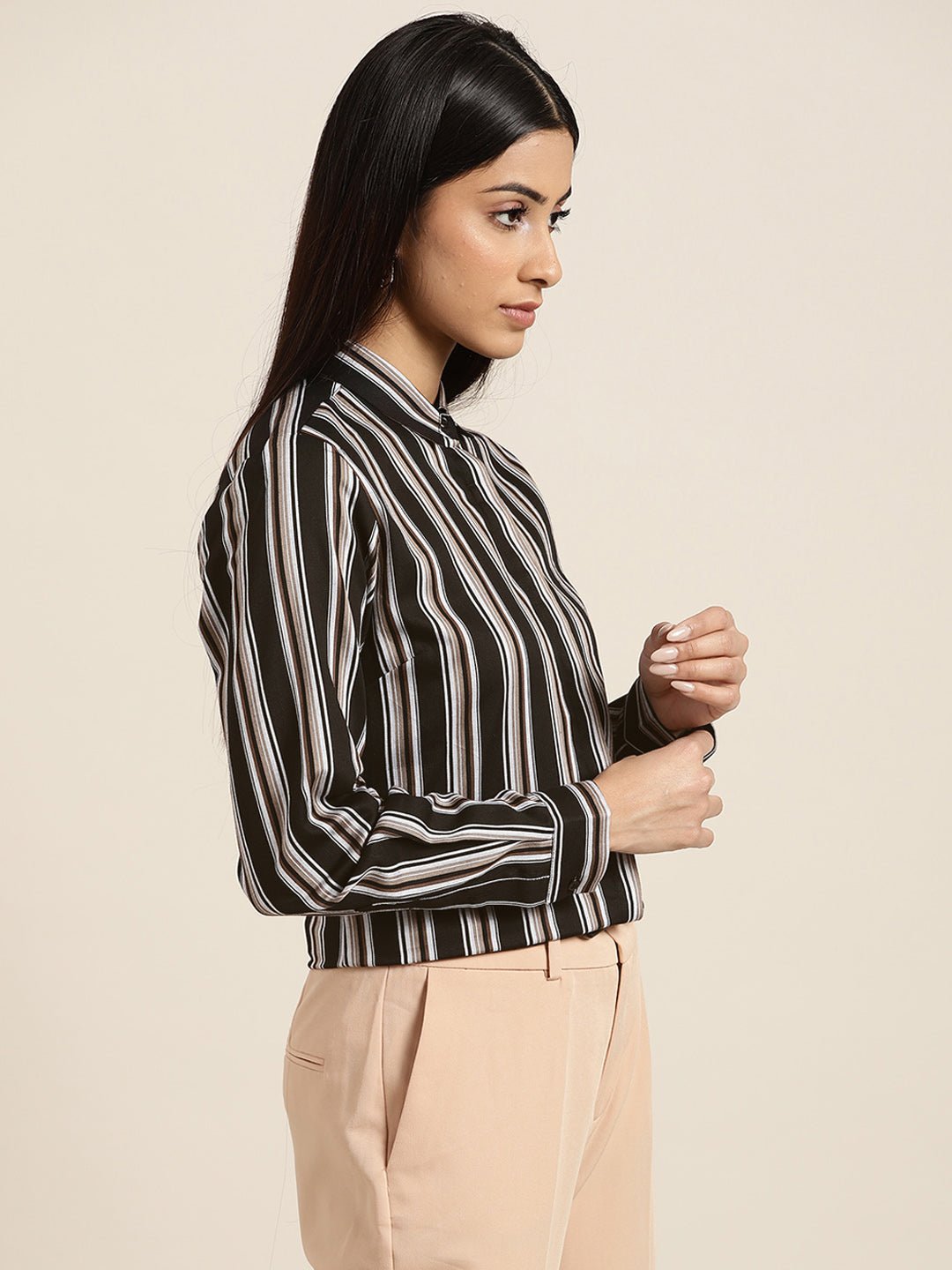 Women Black Stripes Pure Cotton Slim Fit Formal Shirt - #folk republic#