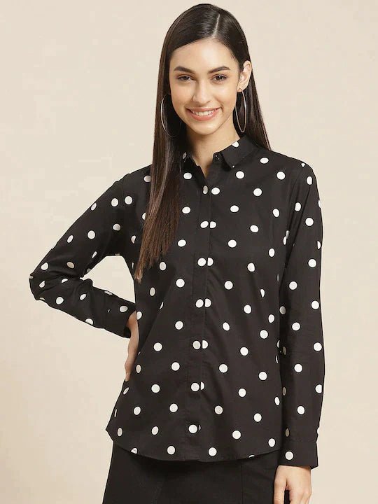 Women Black & White Printed Pure Cotton Slim Fit Formal Shirt - #folk republic#