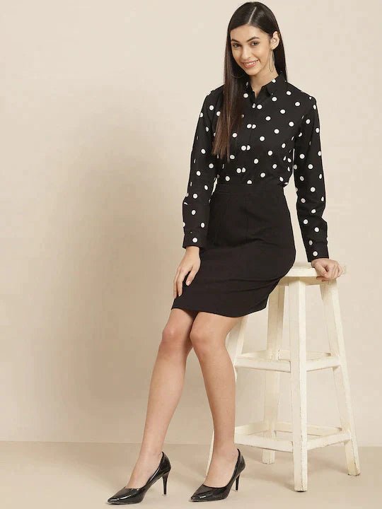 Women Black & White Printed Pure Cotton Slim Fit Formal Shirt - #folk republic#