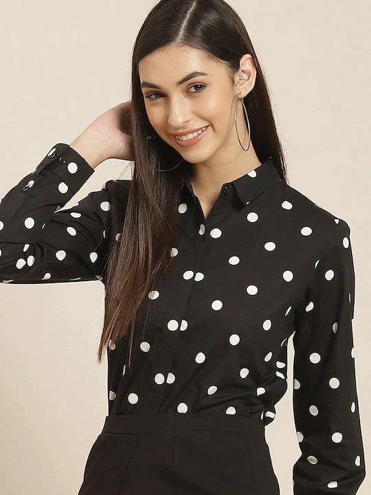 Women Black & White Printed Pure Cotton Slim Fit Formal Shirt - #folk republic#